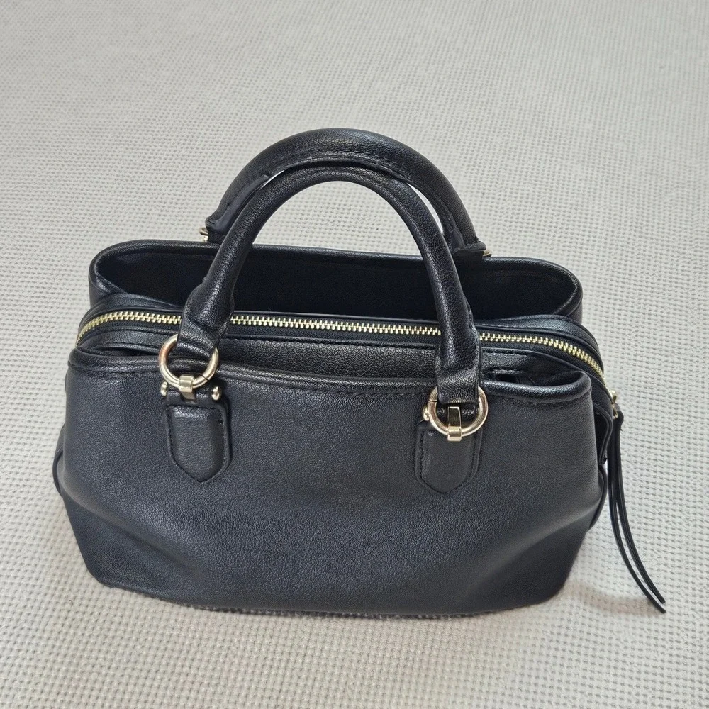 Nine West Black Pebbled Faux Leather Satchel Bag Gold Hardware Three Compartment
